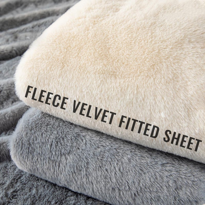 Nokolulu Velvet Queen Fitted Sheet Only- Ultra Soft Fuzzy Fleece Fitted Bottom Sheet - Plush Fluffy Cozy Flannel Sheet Queen Size - 18" Extra Deep Pocket (Light Grey, 60"x80") - Image 4